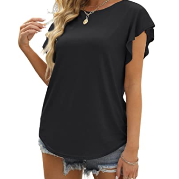 Women's Ruffle Sleeve Tops Summer Casual Blouse Crew Neck Solid Cute Tunic Shirt