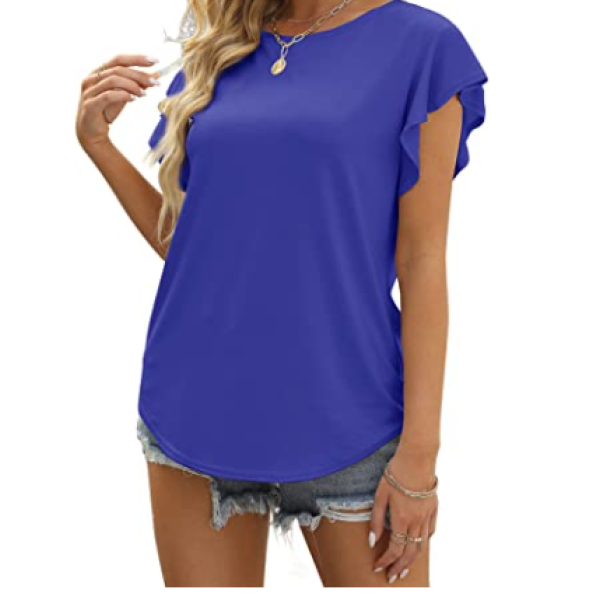 Women's Ruffle Sleeve Tops Summer Casual Blouse Crew Neck Solid Cute Tunic Shirt