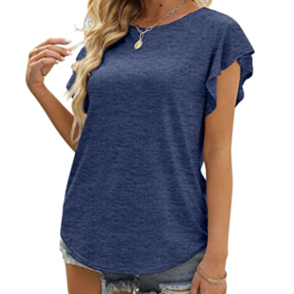 Women's Ruffle Sleeve Tops Summer Casual Blouse Crew Neck Solid Cute Tunic Shirt