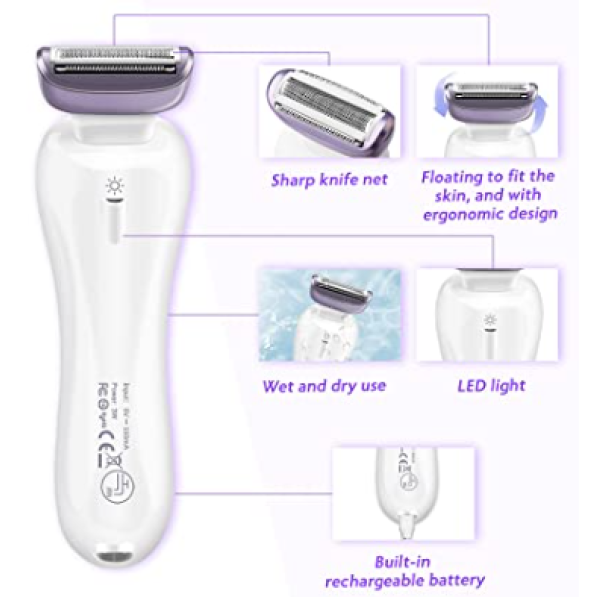 Electric Razor for Women,Bikini Trimmer Shaver for Women Hair Legs and Underarms, Cordless Painless Waterproof Lady Electric Shavers for Women with LED Light-Purple