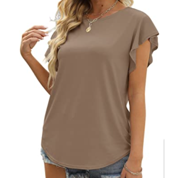 Women's Ruffle Sleeve Tops Summer Casual Blouse Crew Neck Solid Cute Tunic Shirt