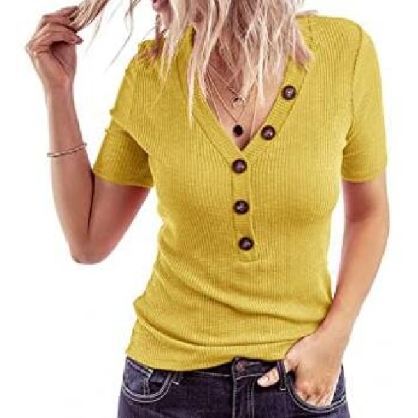 Women's Short Sleeve T Shirts V Neck Decorative Button Shirts Ribbed Basic Henley Fit Summer Tops